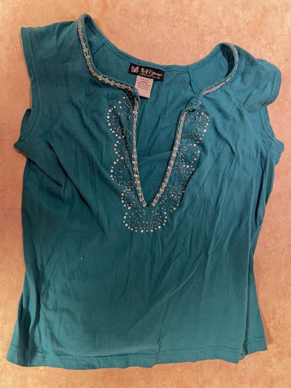 Vintage y2k Self Esteem Teal Sleeveless V-Neck Top with Beaded Trim